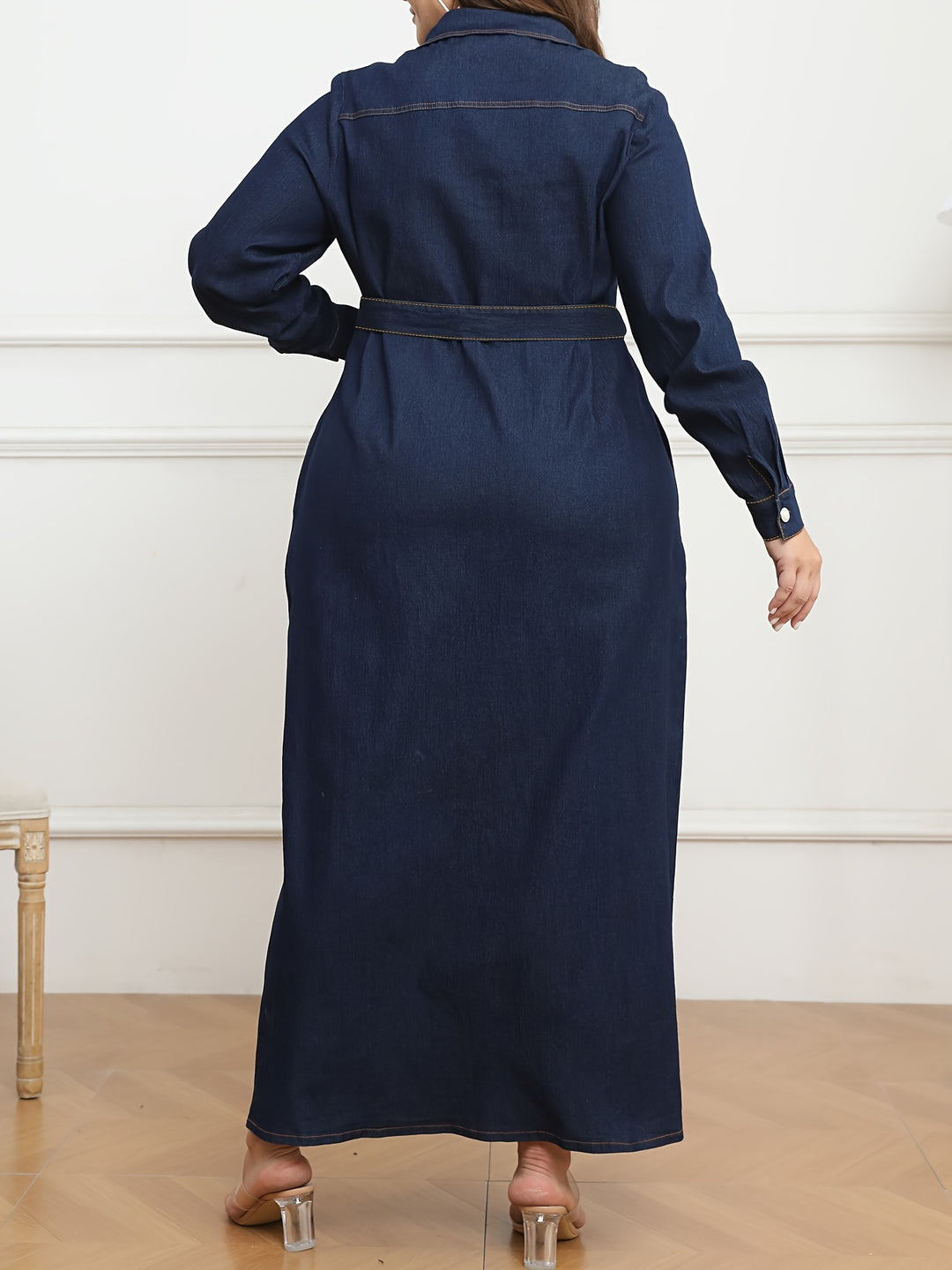 Plus Size Casual Denim Dress, Women's Plus Solid Pipping Button Up Long Sleeve Turn Down Collar Maxi Denim Shirt Dress With Belt