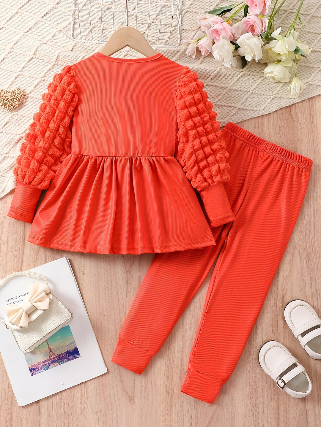 Solid Outfits 2pc Girls Puff Long Sleeve Top +pants Kids Clothes For Fall