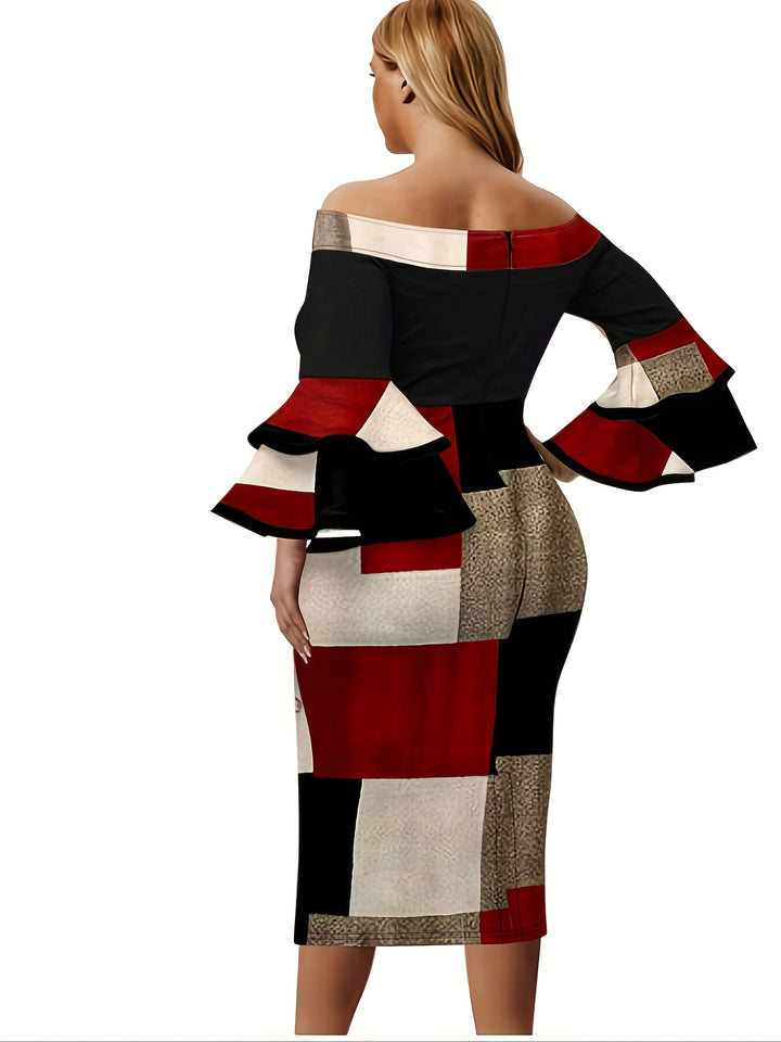 Stylish Plus Size Off Shoulder Dress with Colorblock Design and Flattering Fit