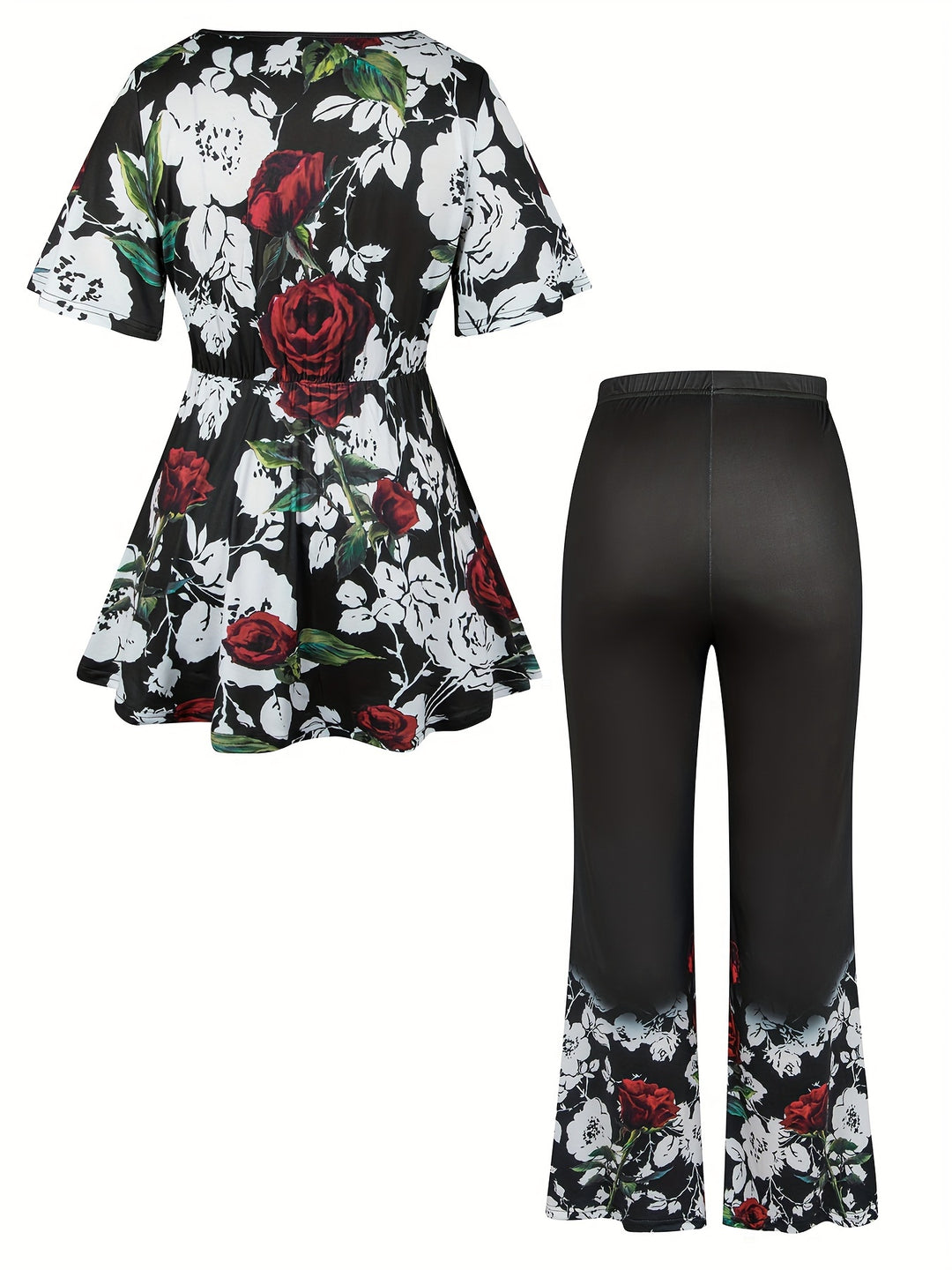 Plus Size Floral Print Two-piece Set, Cross Front Short Sleeve Top & Wide Leg Pants Outfits, Women's Plus Size Clothing