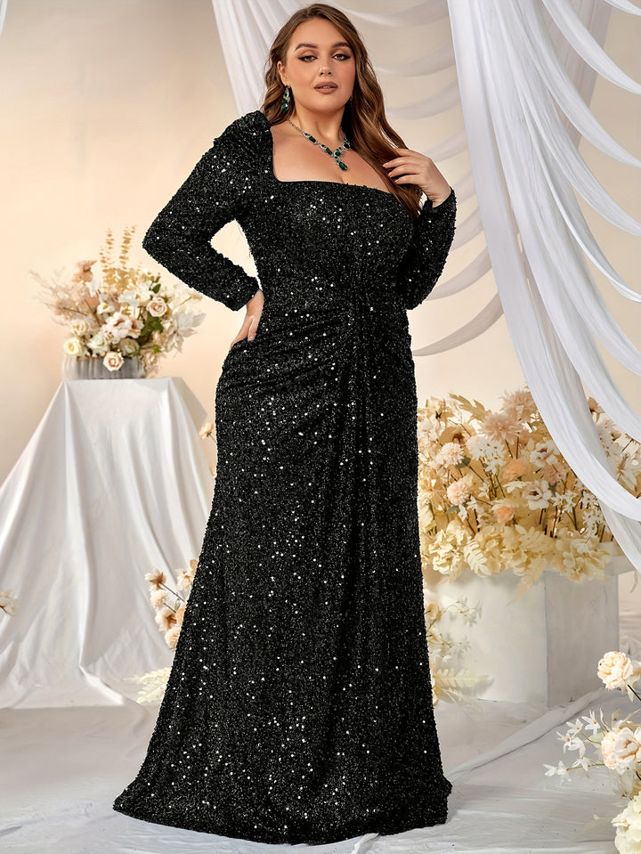 Elegant Plus Size Sequin Dress for Parties and Banquets, Square Neck Long Sleeve Dress with Brush Train, Women's Plus Size Clothing