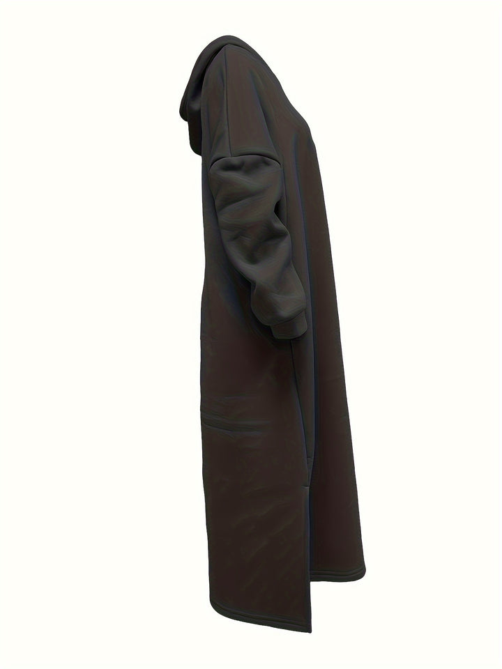 Plus Size Casual Sweatshirt Dress, Women's Plus Solid Lantern Sleeve Split Hem Maxi Hoodie Dress