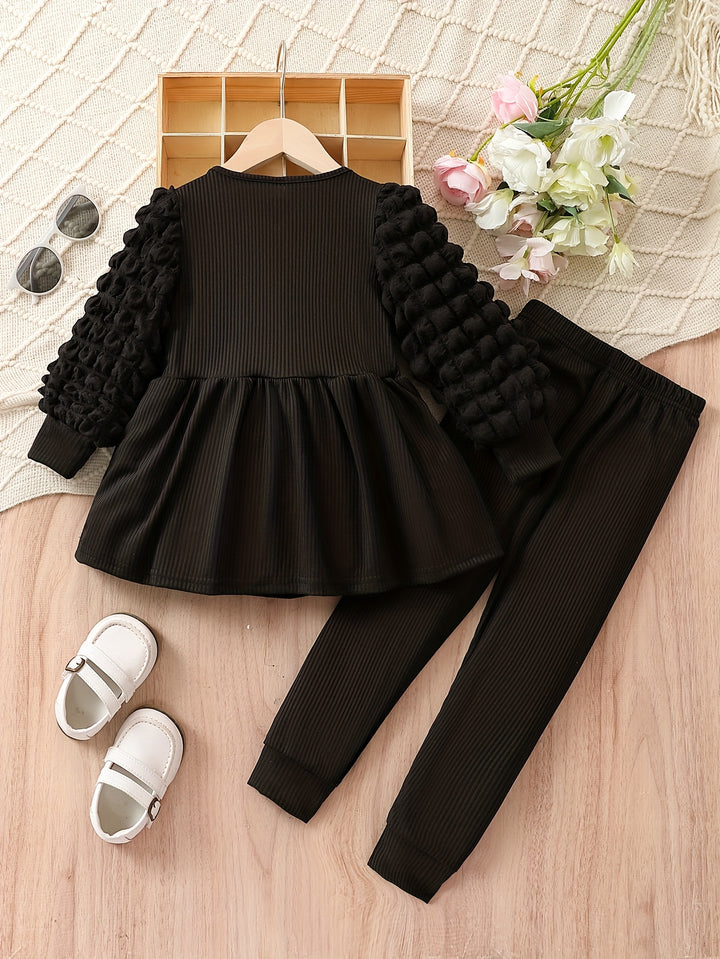 Solid Outfits 2pc Girls Puff Long Sleeve Top +pants Kids Clothes For Fall