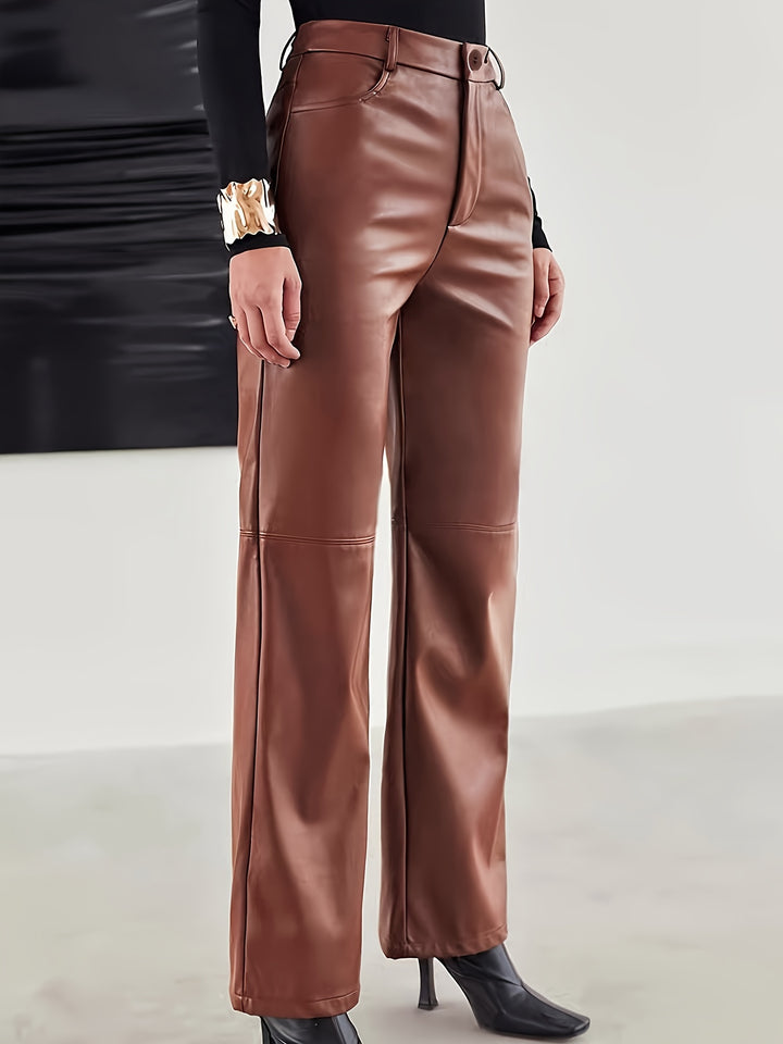 PU Leather Straight Leg Pants, Casual Pocket High Waist Pants, Women's Clothing