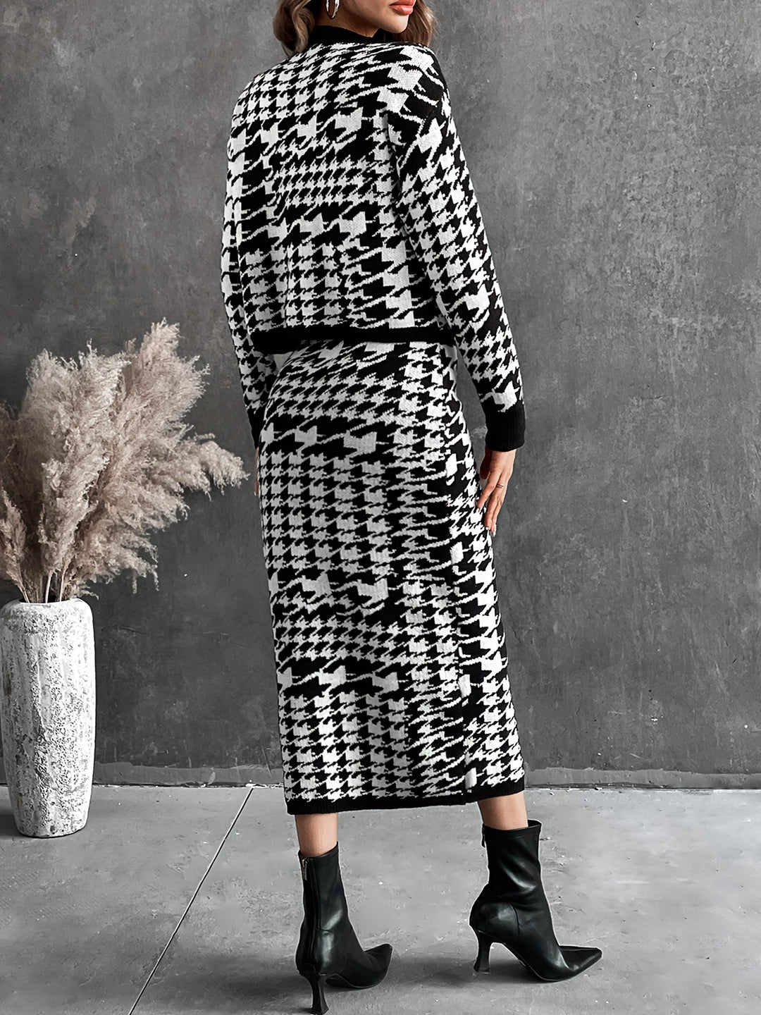 Houndstooth Pattern Knit Two-piece Set, Casual Long Sleeve Sweater & Bodycon Midi Skirt Outfits, Women's Clothing