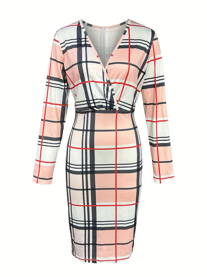 Plaid Print Bodycon Dress, Sexy Surplice Neck Long Sleeve Dress, Women's Clothing