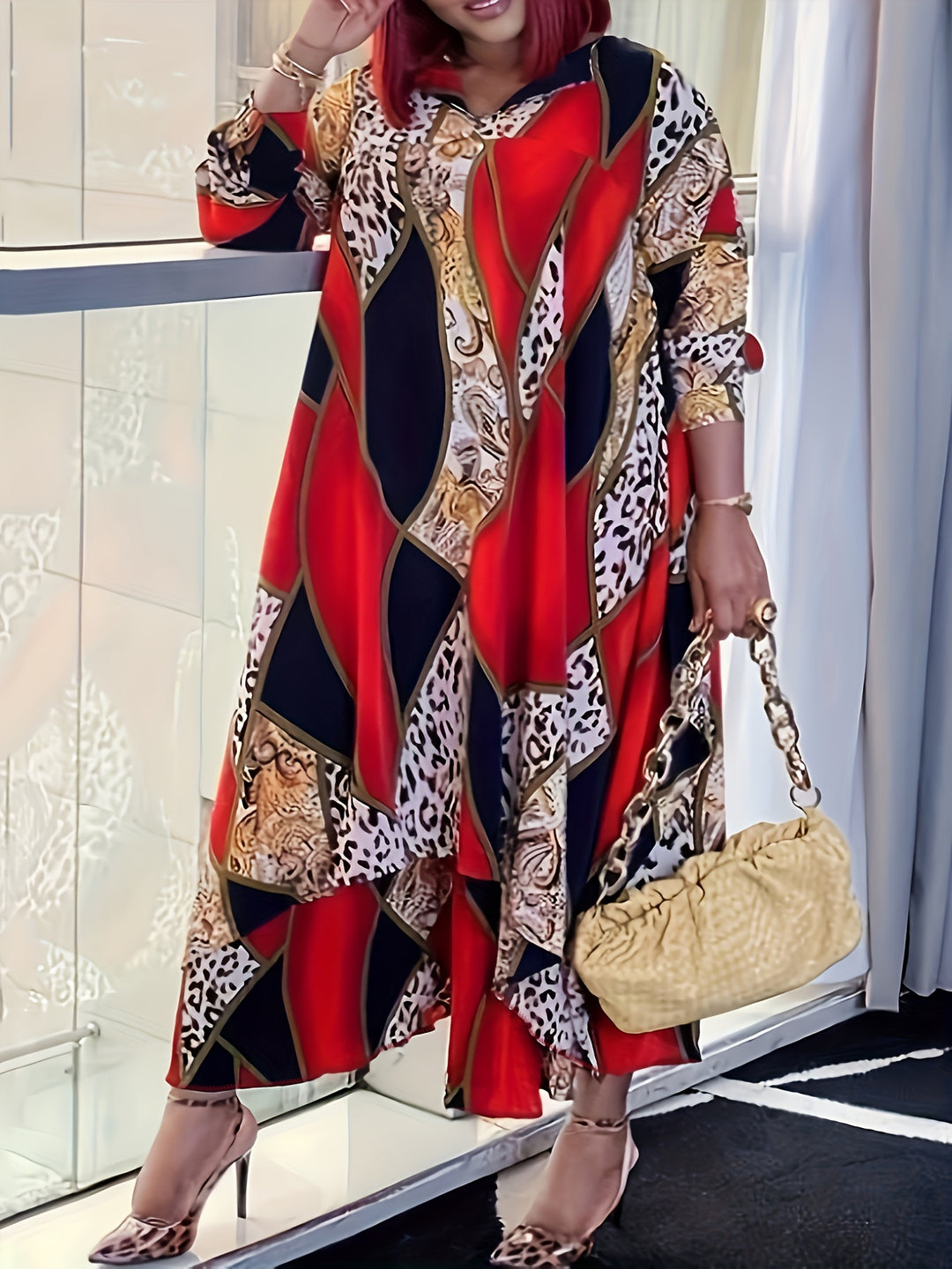 Plus Size Retro Dress, Women's Plus Leopard & Paisley Print Long Sleeve V Neck Maxi Dress