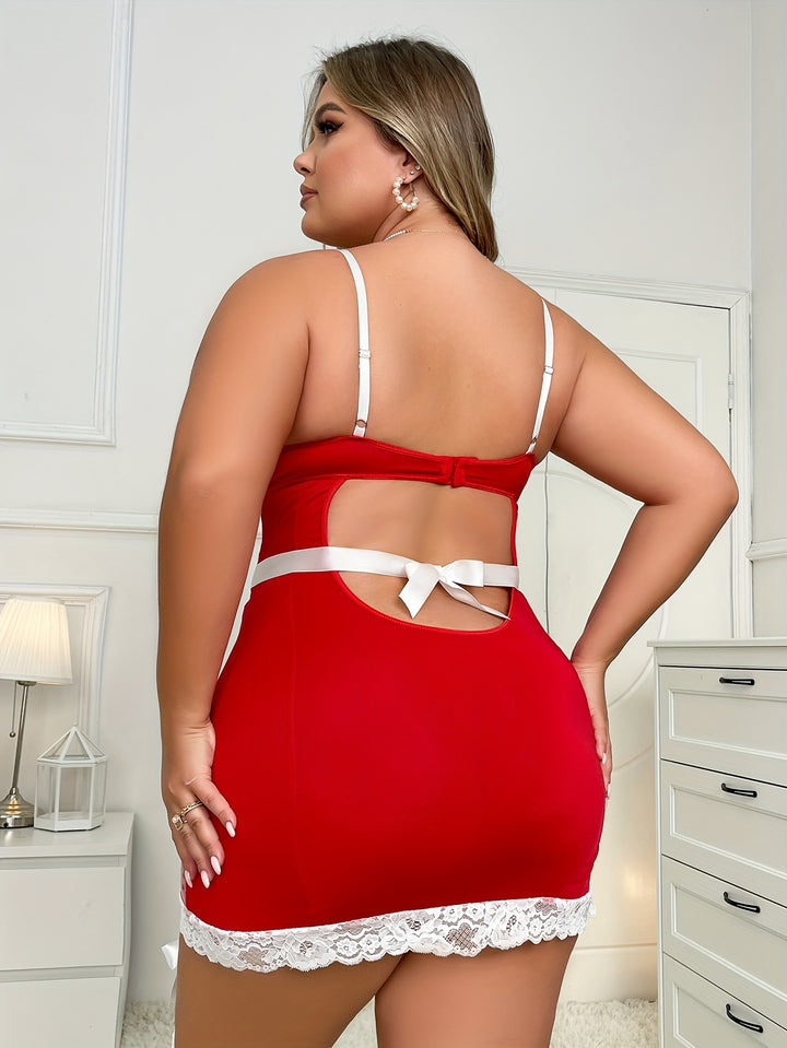 Plus Size Sexy Lingerie Dress, Women's Plus Contrast Lace Bow Front Metallic Maid Costume Dress With Apron Lingerie 2 Piece Set