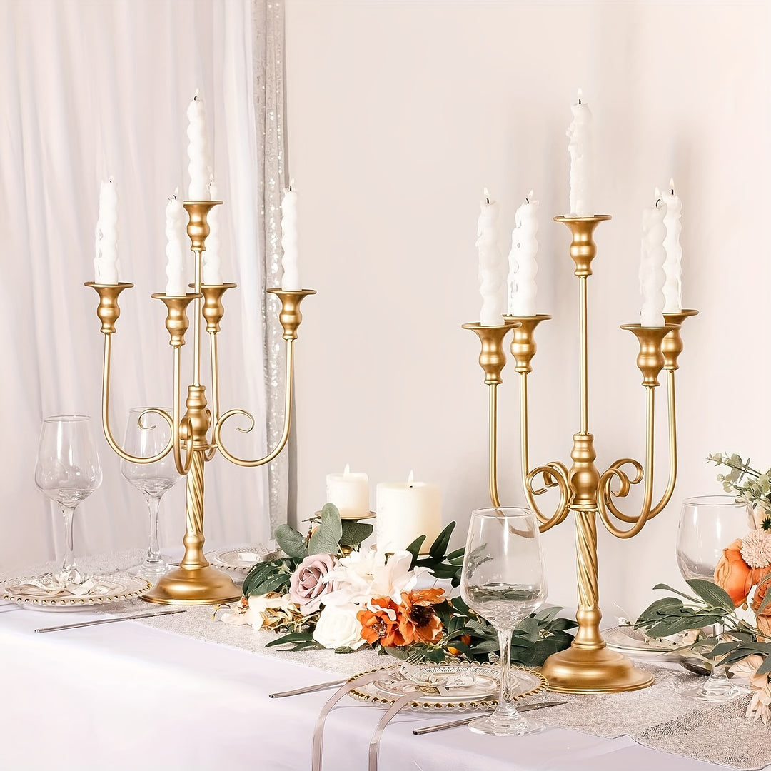 2pcs Golden Candelabra Centerpieces For Tables, Metal Tall Candle Holder For Taper Candles, 5 Arm Candlestick Holder For Wedding Centerpiece Decor Party Event Reception Decoration,19.7in
