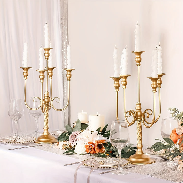 2pcs Golden Candelabra Centerpieces For Tables, Metal Tall Candle Holder For Taper Candles, 5 Arm Candlestick Holder For Wedding Centerpiece Decor Party Event Reception Decoration,19.7in