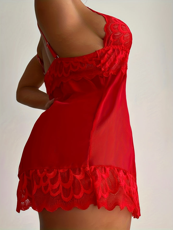 Plus Size Sexy Lingerie Set, Women's Plus Contrast Lace Semi Sheer Mesh Babydoll Dress & Thong Lingerie 2 Piece Set