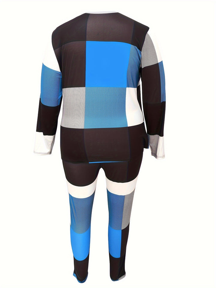 Plus Size Casual Outfits Set, Women's Plus Graphic Print Long Sleeve Round Neck Tee & Leggings Outfits 2 Piece Set