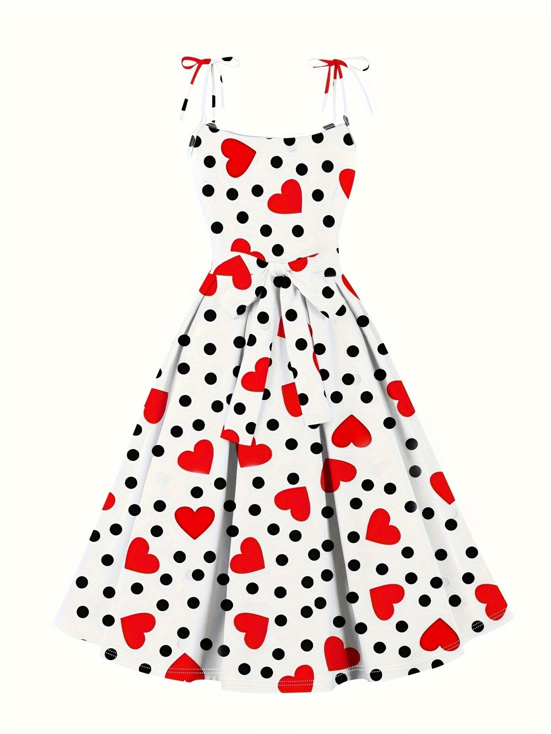 Plus Size Heart Print Slip Dress, Lace Up Sleeveless Dress For Summer, Women's Plus Size Clothing