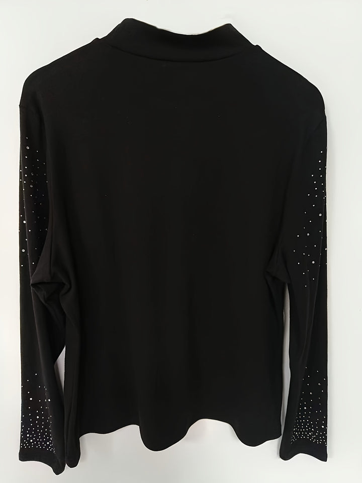 Plus Size Casual T-shirt, Women's Plus Rhinestone Decor Long Sleeve Mock Neck Slim Fit Medium Stretch T-shirt