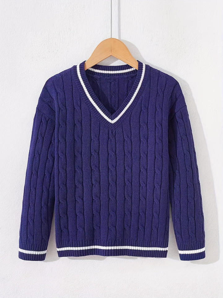 Kid's Preppy Style V-neck Sweater, Cable Knit Pullover, Causal Long Sleeve Top, Boy's Clothes For Spring Fall Winter