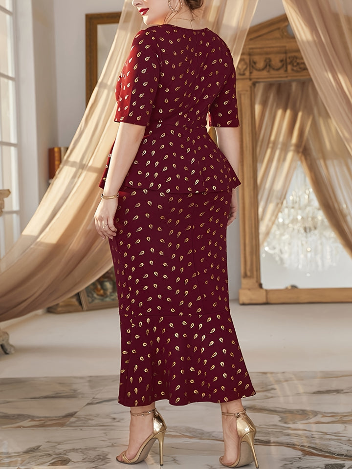 Plus Size Elegant Dress, Women's Plus Golden Dot Print Half Sleeve Round Neck Ruffle Trim Mermaid Dress