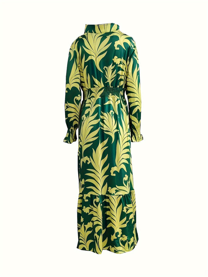 Plus Size Plant Print Dress, Elegant V Neck Shirred Waist Long Sleeve Dress, Women's Plus Size Clothing