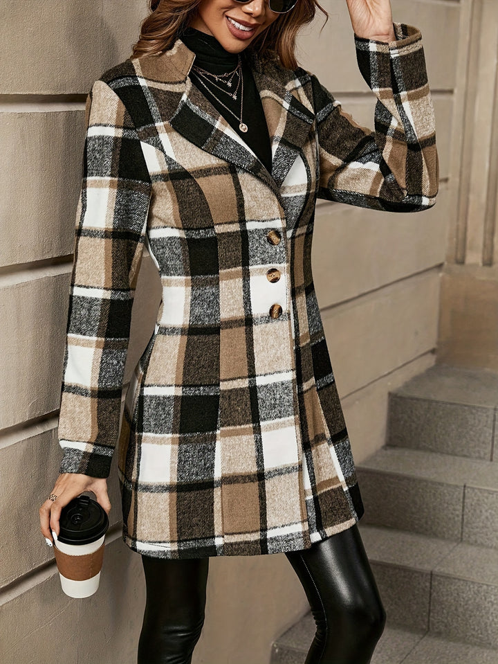 Plaid Pattern Single Breasted Jacket, Casual Lapel Long Sleeve Overcoat For Fall & Winter, Women's Clothing