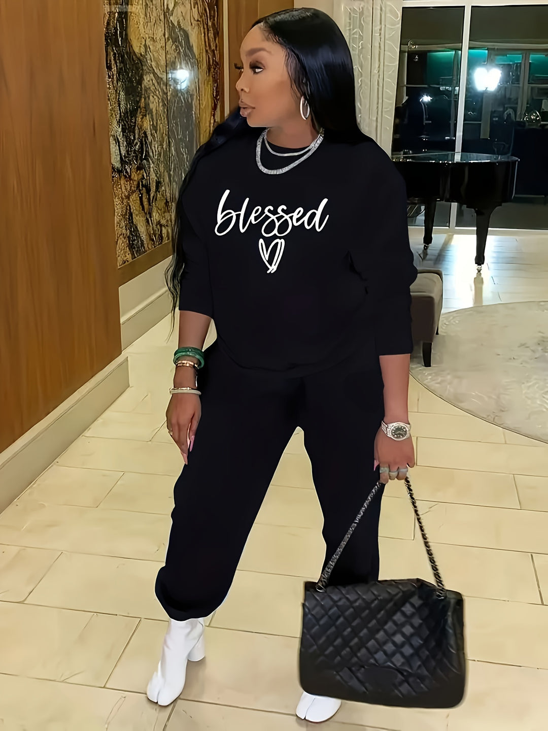 Plus Size Casual Outfits Set, Women's Plus Letter & Heart Print Long Sleeve Round Neck Sweatshirt & Joggers Outfits 2 Piece Set