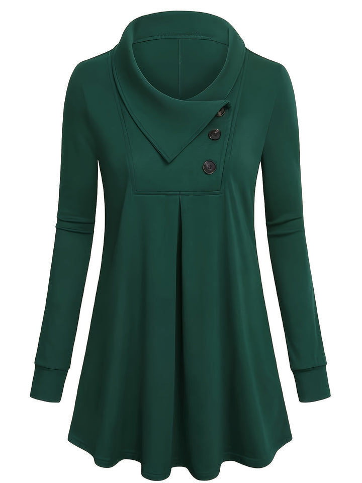 Solid Button Front Pleated Top, Casual Long Sleeve Top For Spring & Fall, Women's Clothing