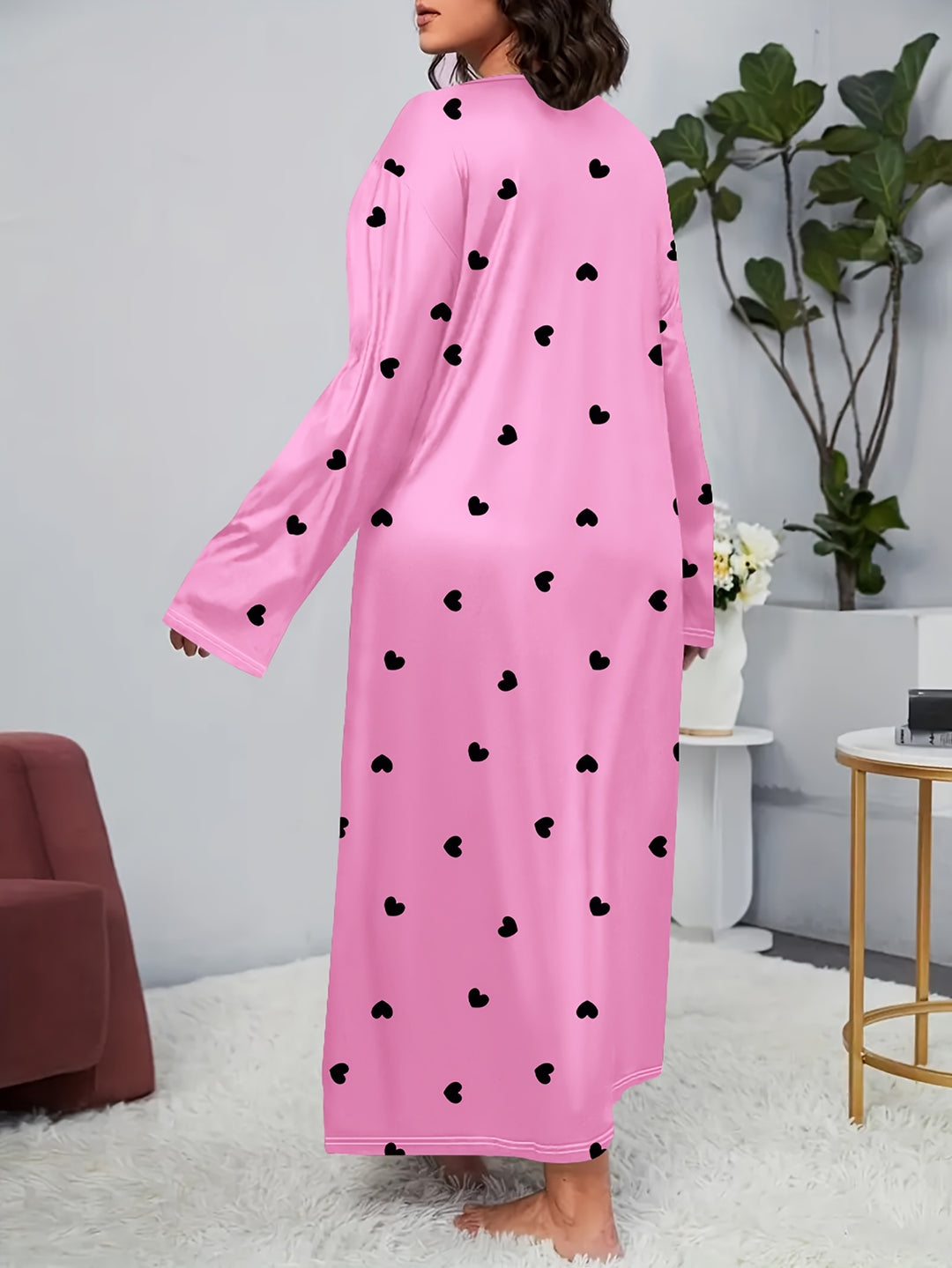 Plus Size Valentine's Day Elegant Nightdress, Women's Plus Heart Print Long Sleeve Round Neck Sleep Dress