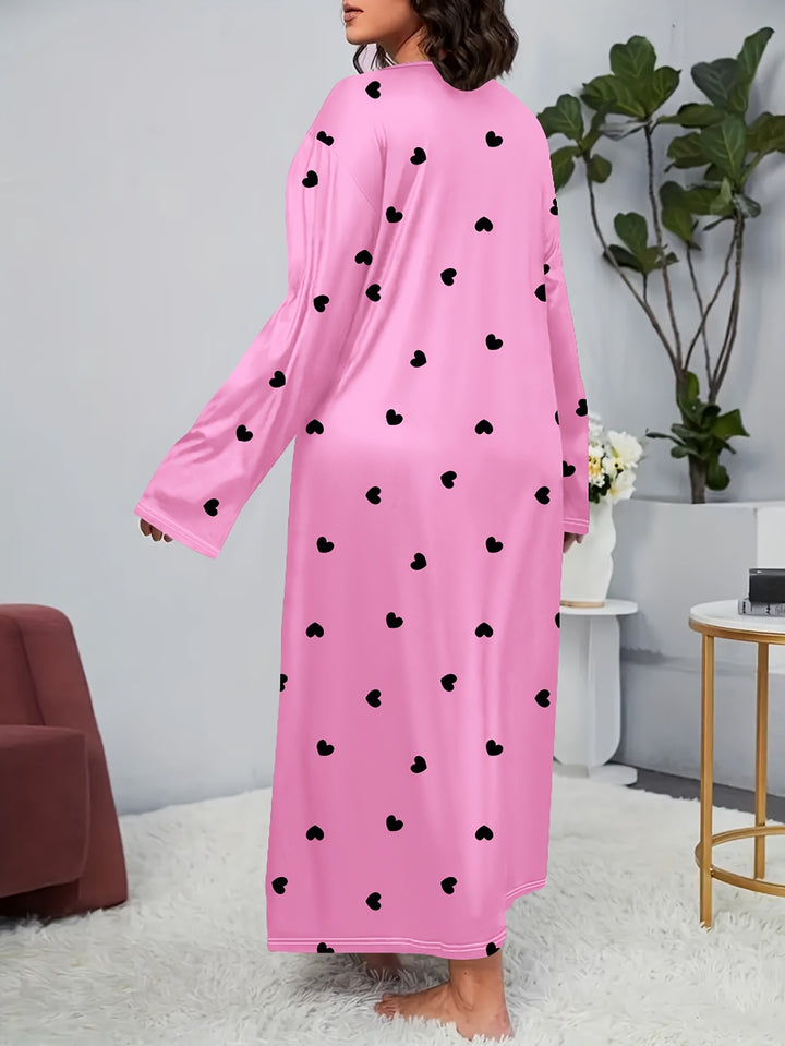 Plus Size Valentine's Day Elegant Nightdress, Women's Plus Heart Print Long Sleeve Round Neck Sleep Dress
