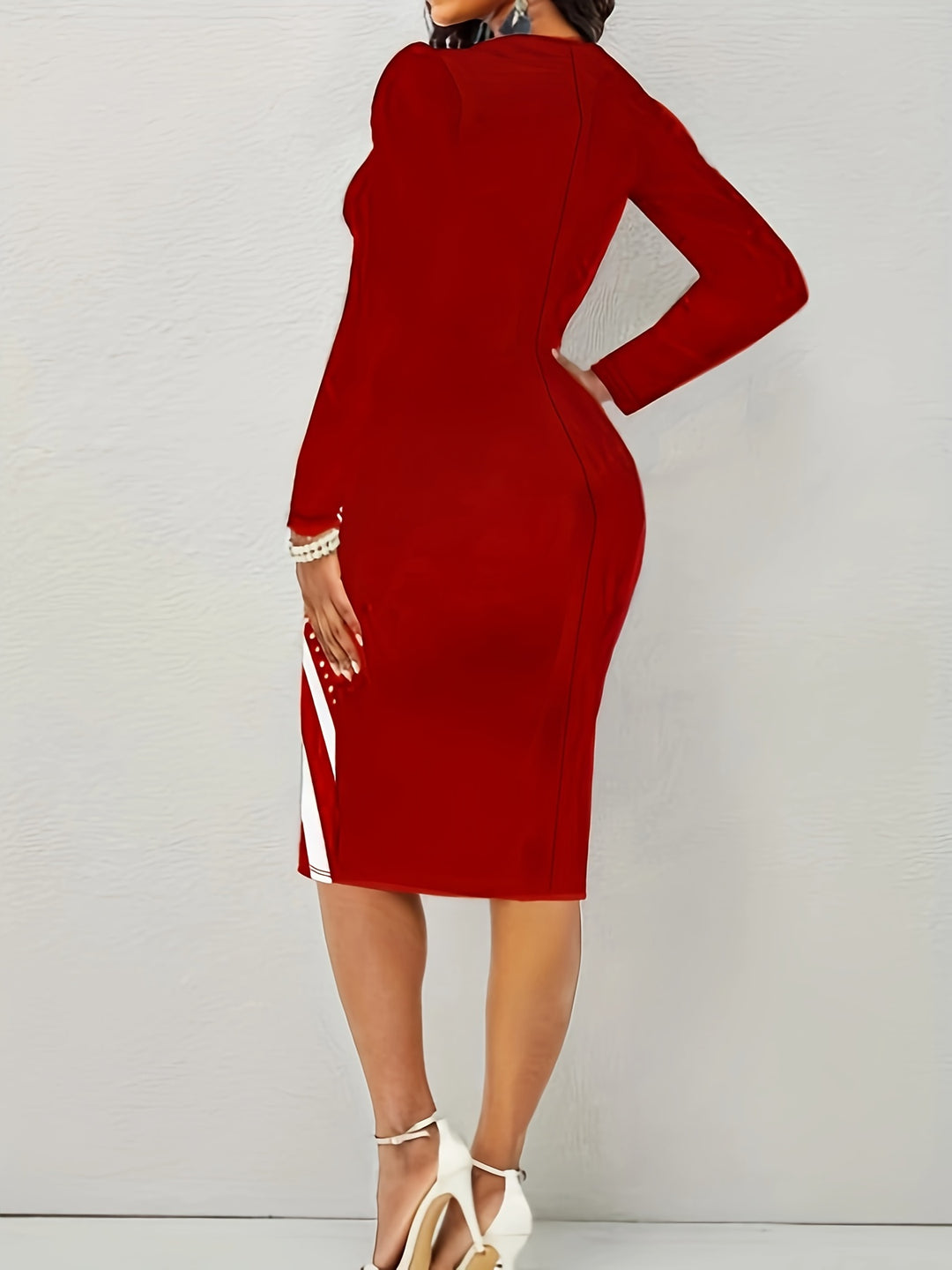 Plus Size Elegant Dress, Women's Plus Polka Dot Graphic Long Sleeve Notched Neck Bodycon Dress