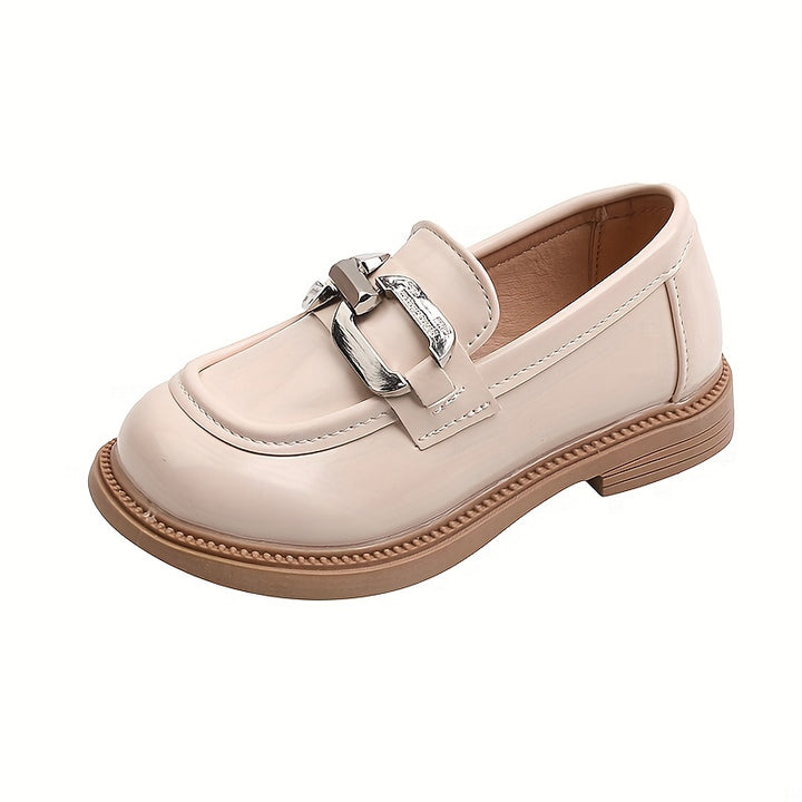 Girls Solid Color Slip On Loafer Shoes With Metallic Decor, Children's Anti-skid Soft Sole Flat Shoes