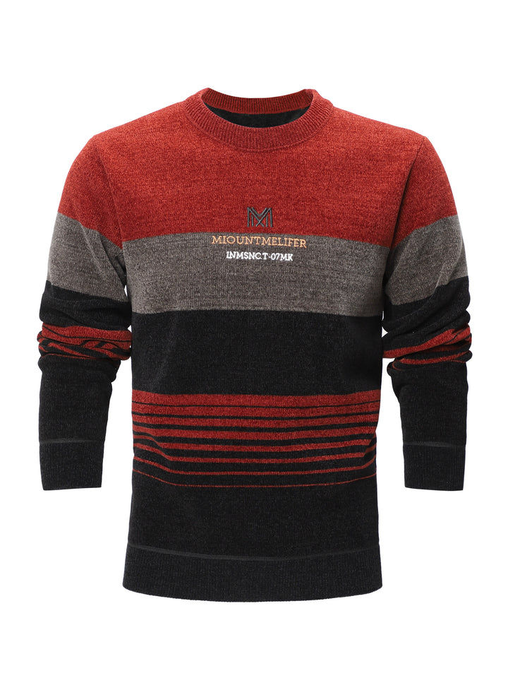 All Match Knitted Color Block Sweater, Men's Casual Warm Mid Stretch Crew Neck Pullover Sweater For Men Fall Winter