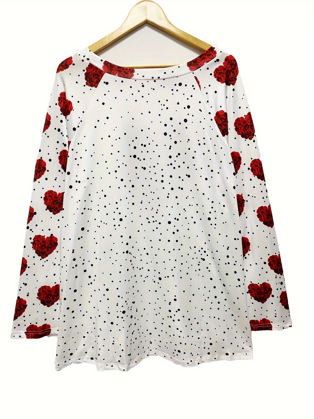 Plus Size Valentine's Day T-shirt, Women's Plus Heart & Rose & Dot Print Long Sleeve Round Neck Loose Fit T-shirt