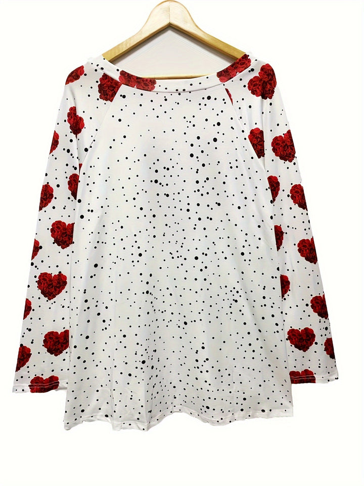 Plus Size Valentine's Day T-shirt, Women's Plus Heart & Rose & Dot Print Long Sleeve Round Neck Loose Fit T-shirt