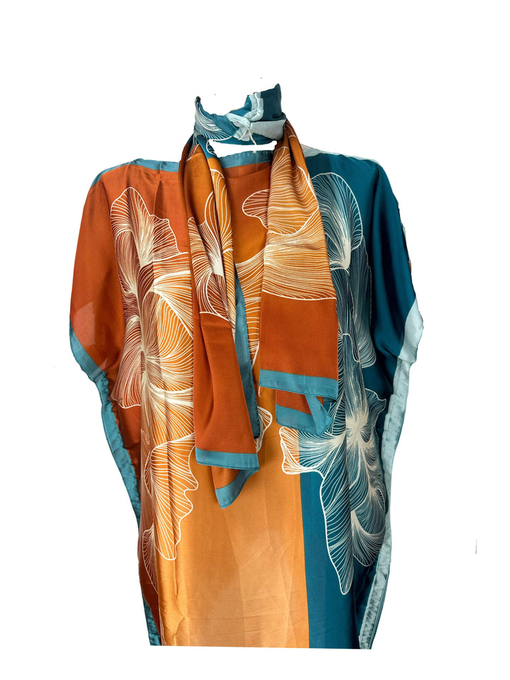Plus Size Modest Kaftan Dress, Women's Plus Colorblock Floral Print Batwing Sleeve Round Neck Maxi Dress