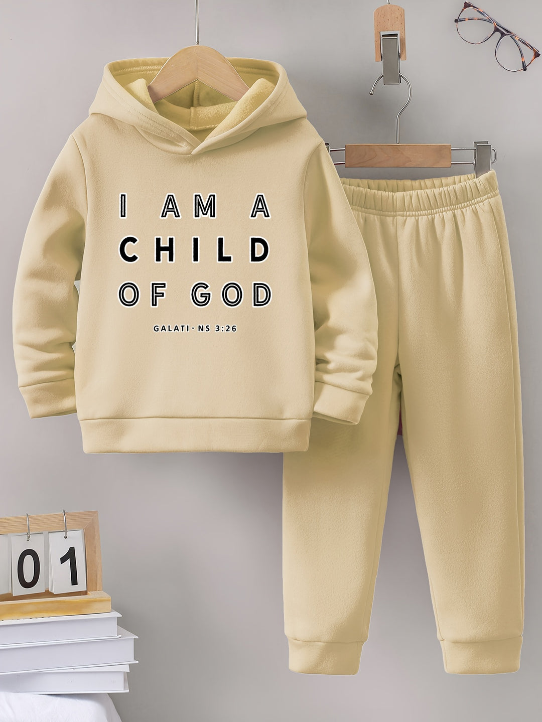 2pcs Boy's "I Am A Child Of God" Print Hooded Outfit, Fleece Lining Hoodie & Jogger Pants Set, Kid's Clothes For Fall Winter, As Gift