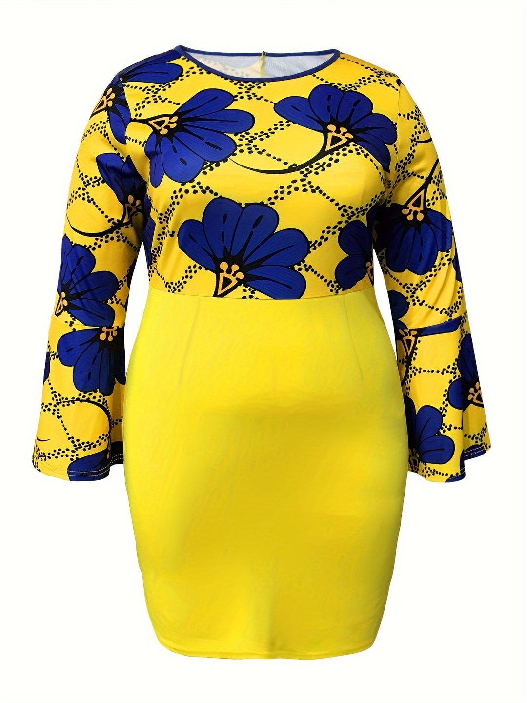 Floral Print Plus Size Dress for Women, Elegant and Slimming Bell Sleeve Design