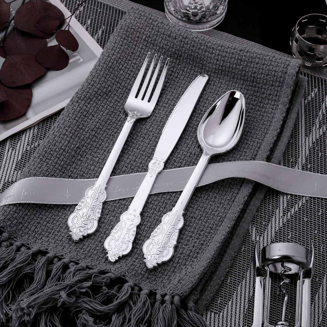 30pcs, Silvery Plastic Silverware, Silvery Plastic Tableware Including 10 Silvery Plastic Forks, 10 Spoons And 10 Knives, Premium Silver Disposable Cutlery Set For Parties, Holidays, Weddings, Hand Washable And Reusable