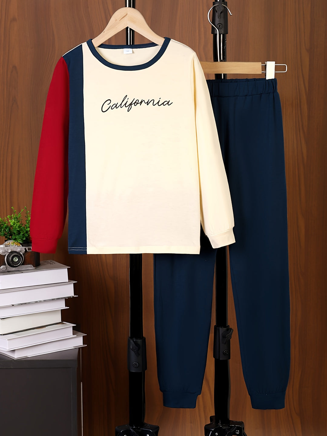 CALIFORNIA Print Boy's 2pcs, Color Block Sweatshirt & Sweatpants Set, Casual Outfits, Kids Clothes For Spring Fall