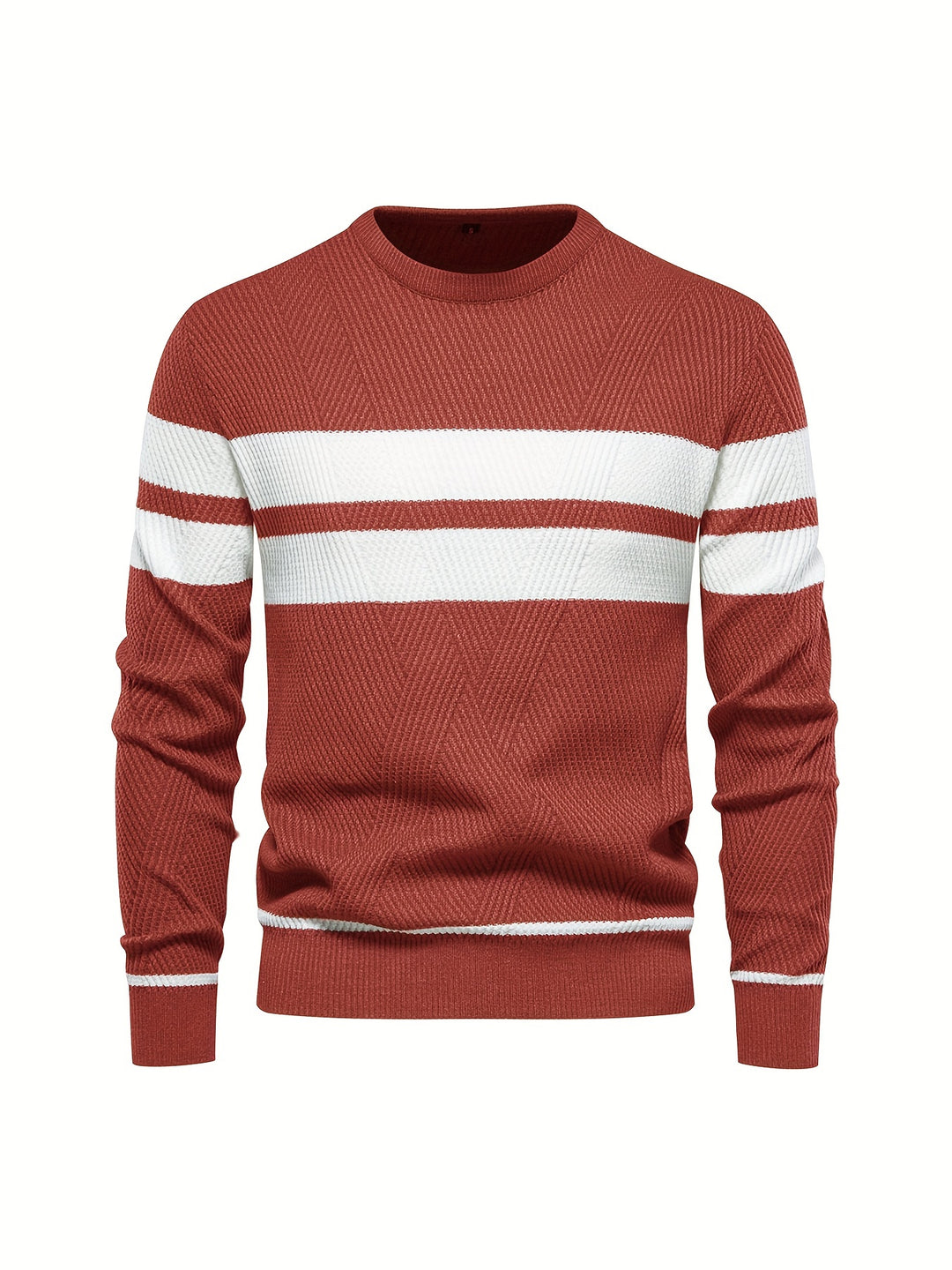 All-Match Striped Knitted Sweater, Men's Casual Warm High Stretch Crew Neck Pullover Sweater For Fall Winter