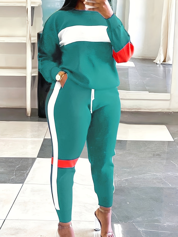 Plus Size Casual Outfits Set, Women's Plus Colorblock Long Sleeve Round Neck Pullover Top & Drawstring Joggers With Pockets Outfits Two Piece Set