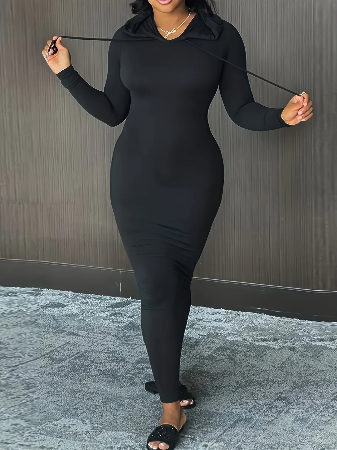 Stylish Plus Size Maxi Dress for Women, Long Sleeve Hooded Drawstring Dress