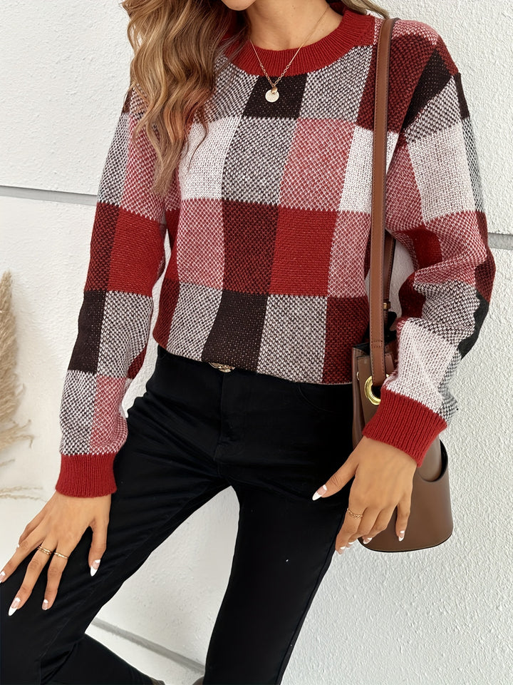 Plaid Pattern Crew Neck Pullover Sweater, Casual Long Sleeve Sweater For Fall & Winter, Women's Clothing