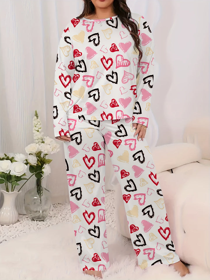 Women's Valentine's Day Cute Pajamas Set, Plus Size Heart Print Short Sleeve Round Neck Tee & Pants Lounge 2 Piece Set