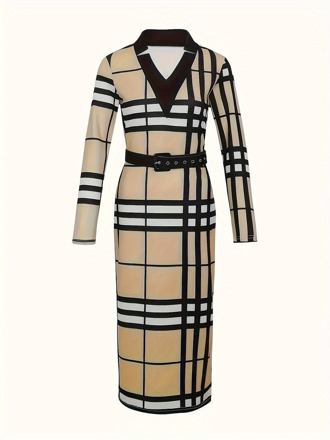 Plus Size Elegant Dress, Women's Plus Plaid Print Long Sleeve V Neck Bodycon Midi Dress