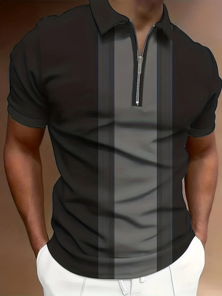 Color Block Pattern 3D Print Men's Casual Short Sleeves Zipper Graphic Shirts, Lapel Collar Tops Pullovers, Men's Clothing For Summer