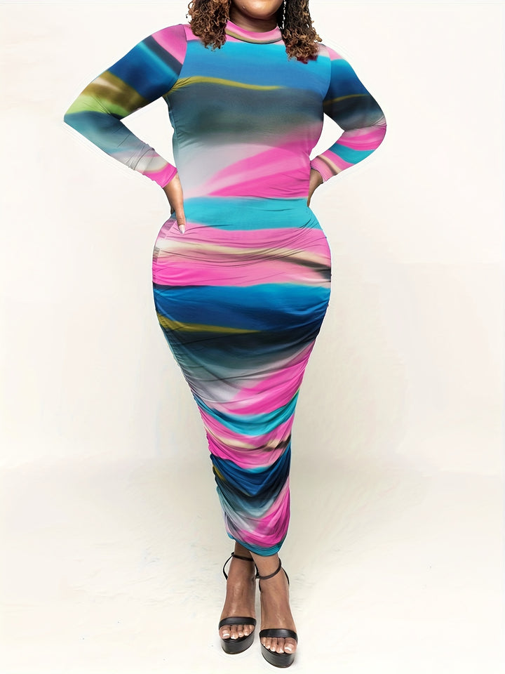 Color Block Draped Dress, Casual Long Sleeve Bodycon Maxi Dress, Women's Clothing