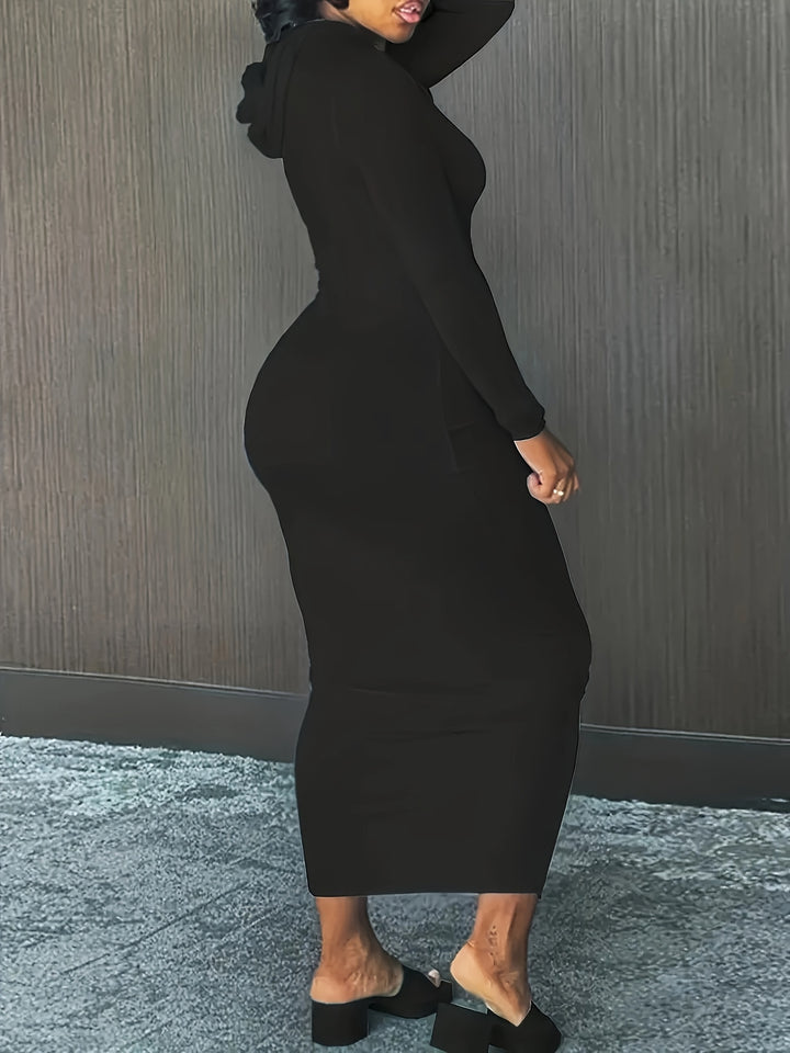 Stylish Plus Size Maxi Dress for Women, Long Sleeve Hooded Drawstring Dress