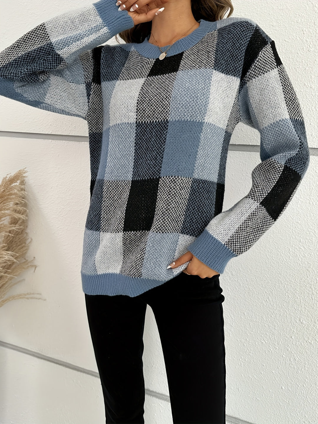 Plaid Pattern Crew Neck Pullover Sweater, Casual Long Sleeve Sweater For Fall & Winter, Women's Clothing