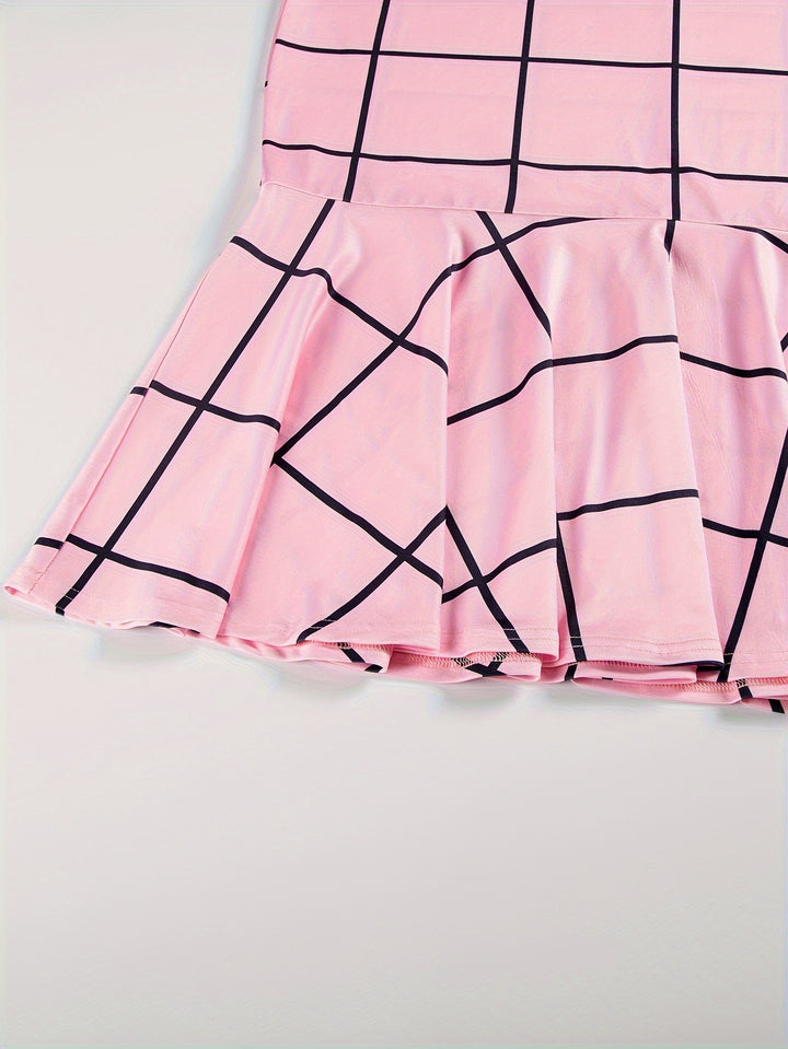 Plus Size Plaid Print Button Front Dress, Elegant Slim Mermaid Hem 3/4 Sleeve Dress, Women's Plus Size Clothing