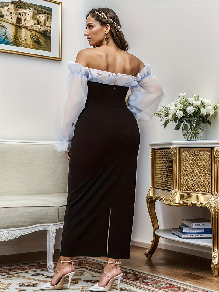 Plus Size Casual Dress, Women's Plus Colorblock Contrast Mesh Lantern Sleeve Off Shoulder Ruffle Trim Maxi Slim Fit Dress