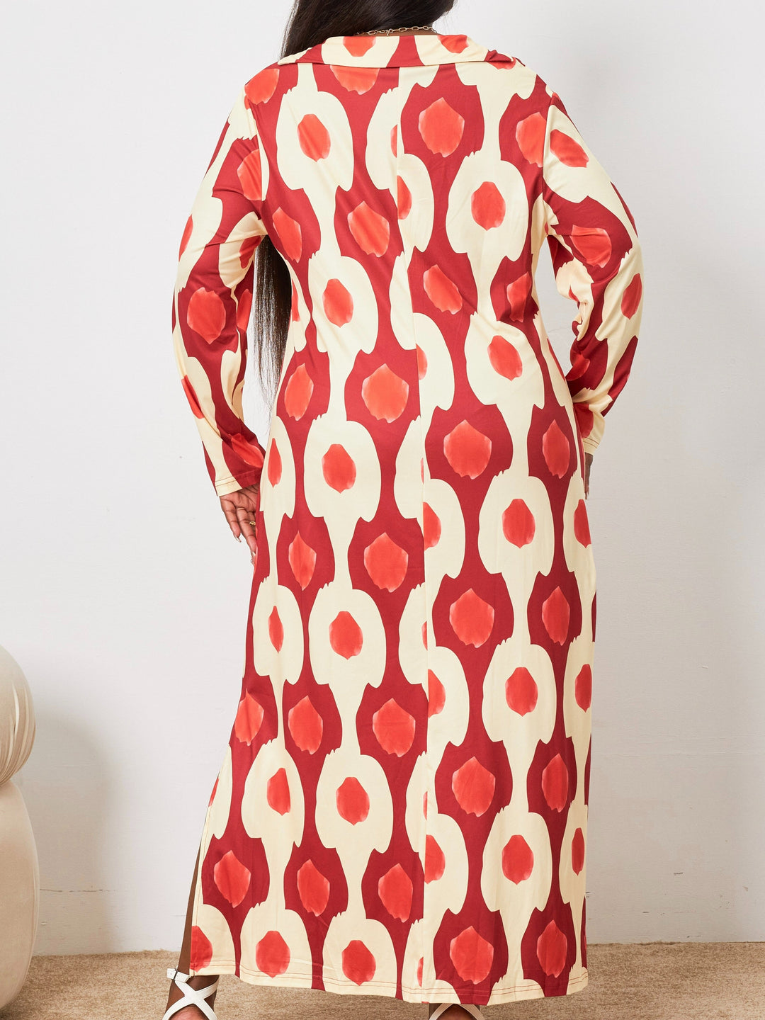 Stylish Plus Size Maxi Dress for Women, Allover Print V Neck Split Hem Design