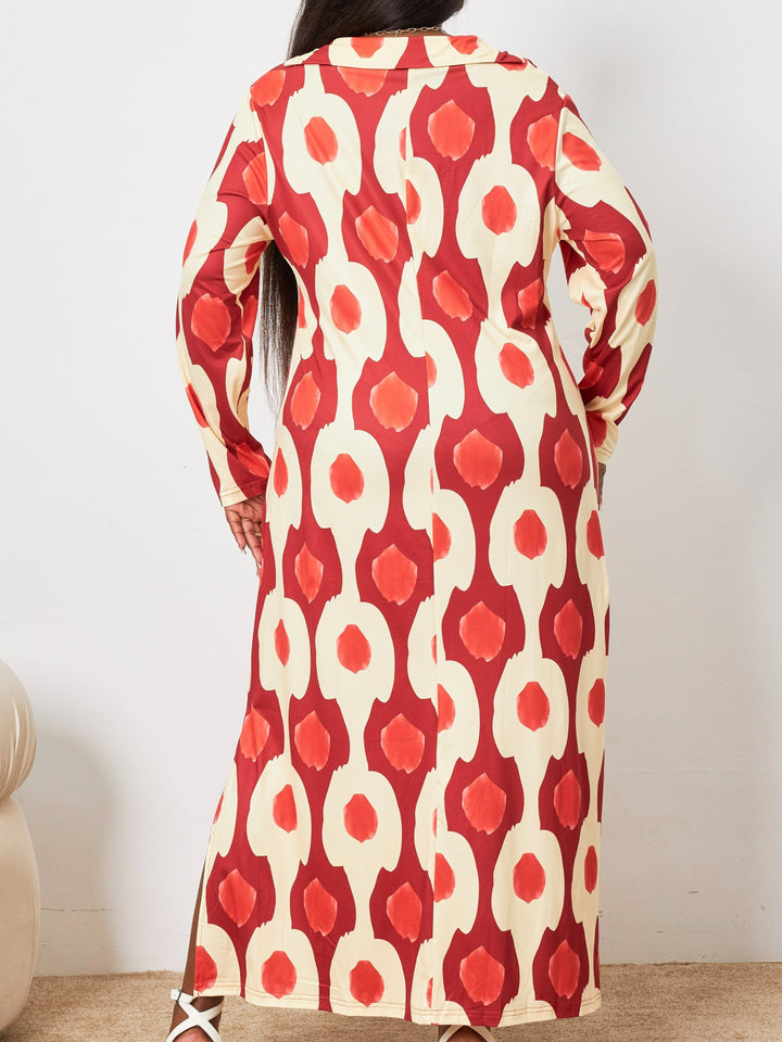 Stylish Plus Size Maxi Dress for Women, Allover Print V Neck Split Hem Design